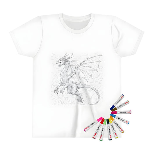 Kid's colorful t-shirt featuring an awesome mythical beast design with a majestic dragon flying amid clouds