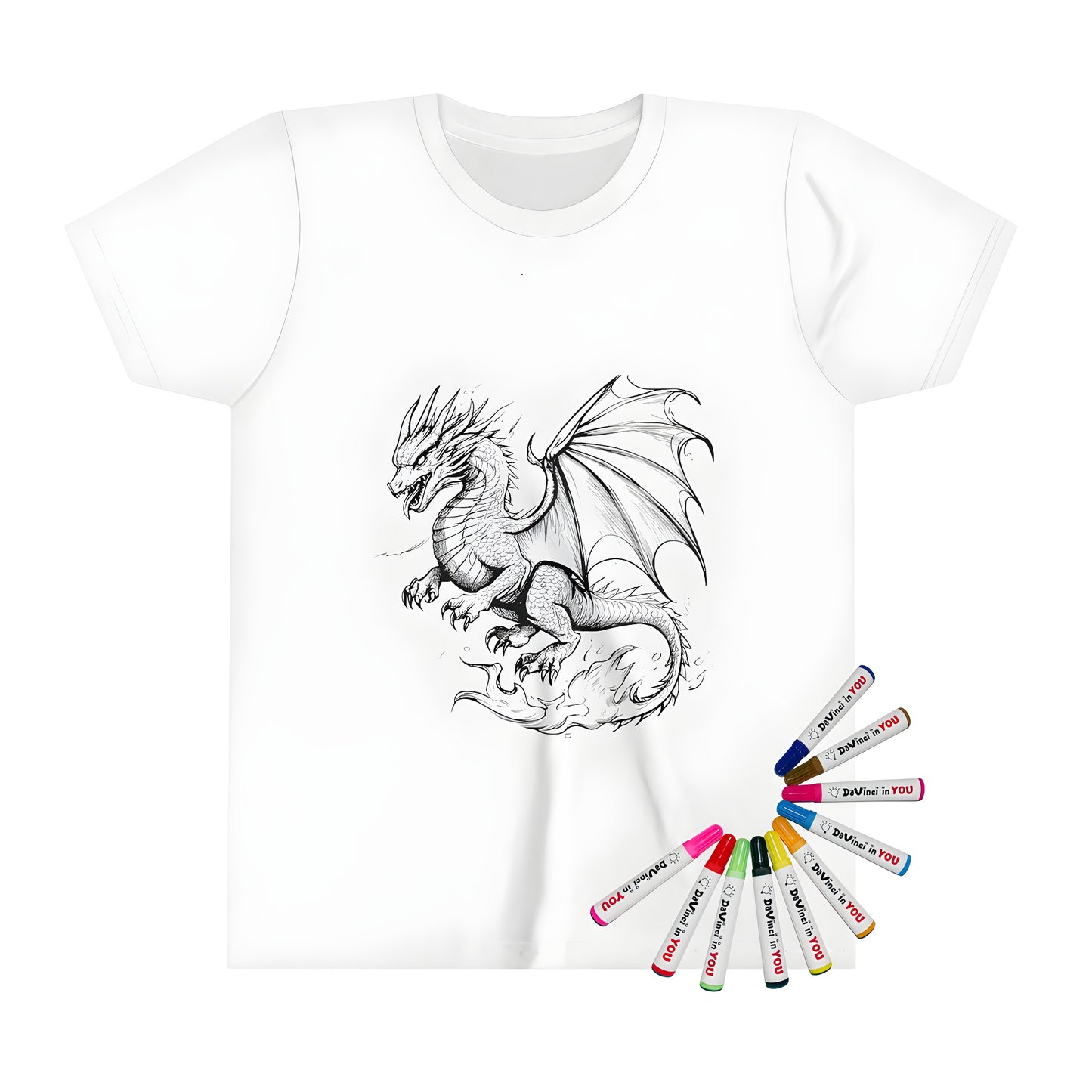 Coloring kit for kids with a fun kid's t-shirt featuring a cool dragon illustration, monster, mythical creature design