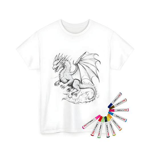 A detailed black and white illustration depicts a fierce beast with large wings and scales on a unisex t-shirt. The creature is shown emitting flames.