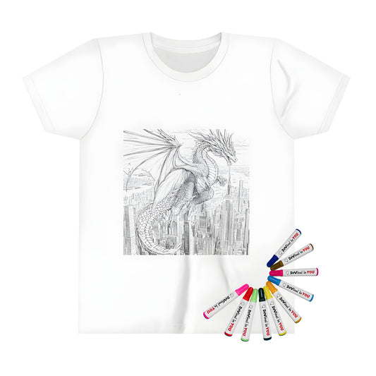 Kid's coloring shirt with a majestic dragon illustration flying over a cityscape