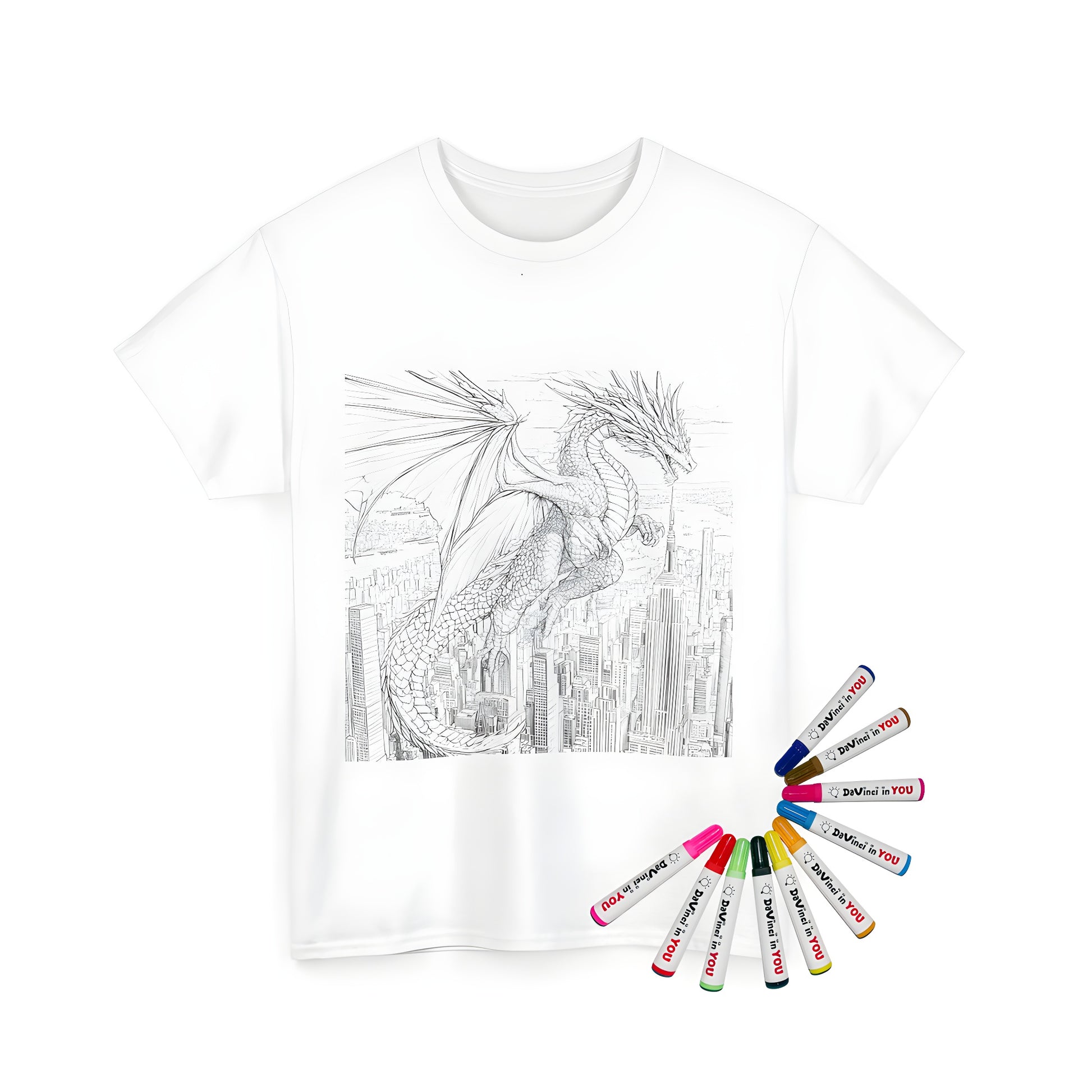 Unisex coloring t-shirt featuring an epic dragon illustration flying over a city skyline