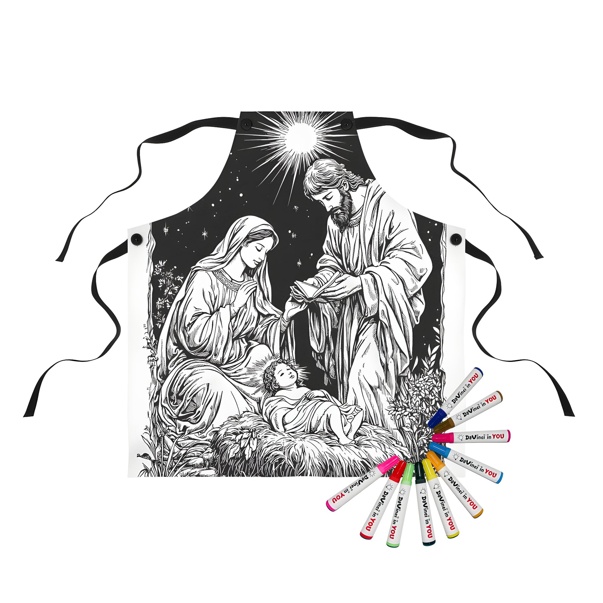 Coloring Apron with Baby Jesus in Manger, Mary and Joseph, Starry Sky, Bright Star