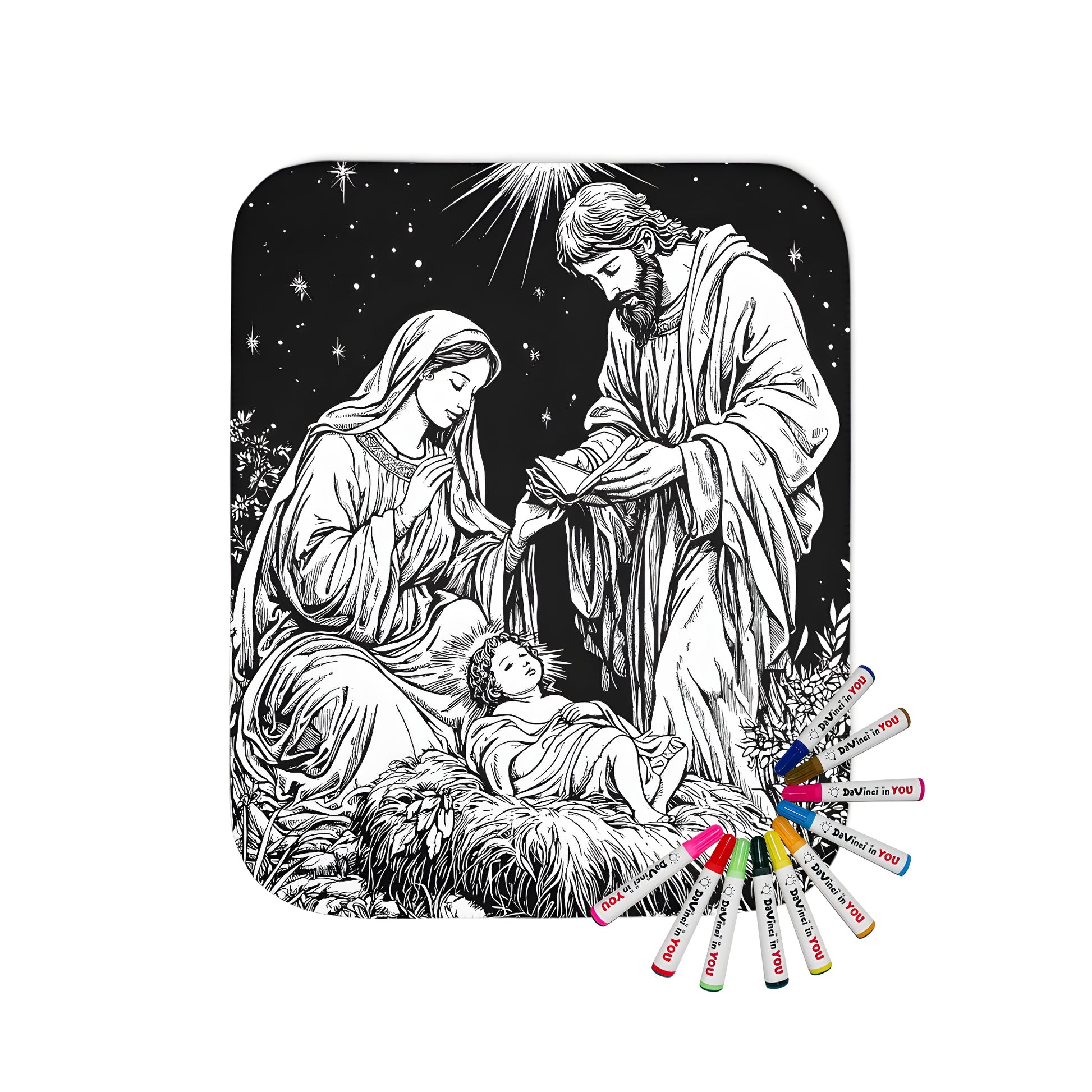 Cozy blanket with a beautiful nativity scene design featuring baby Jesus, Mary, and Joseph under a starry night sky with a bright star shining overhead.