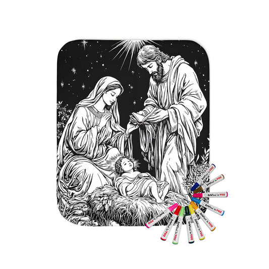 Cozy blanket with a beautiful nativity scene design featuring baby Jesus, Mary, and Joseph under a starry night sky with a bright star shining overhead.