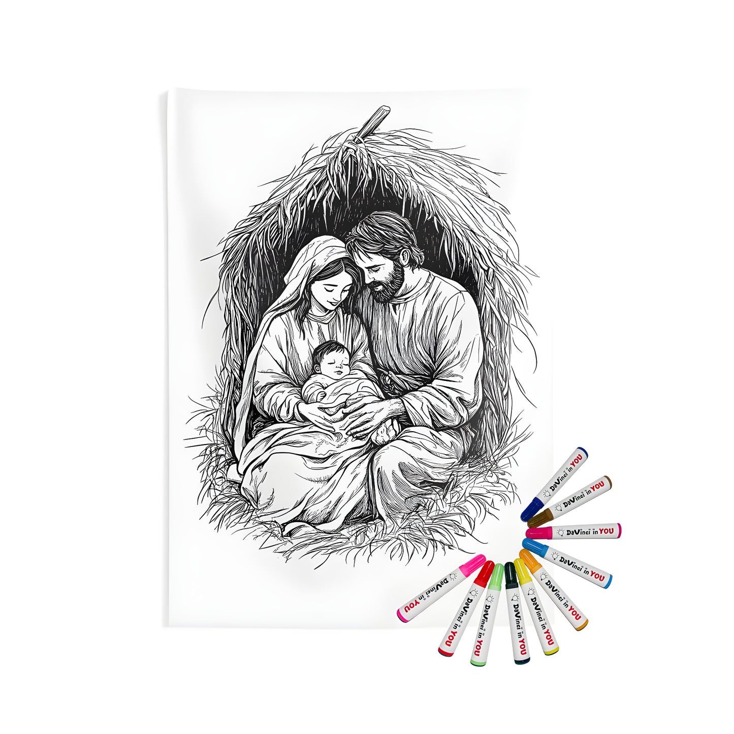 Indoor wall tapestry featuring a serene illustration of Mary, Joseph, and baby Jesus in a nativity scene