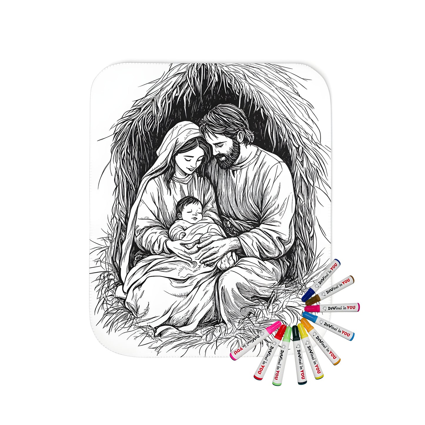 Cozy blanket featuring a serene Holy Family nativity scene illustration, perfect for decorating your home