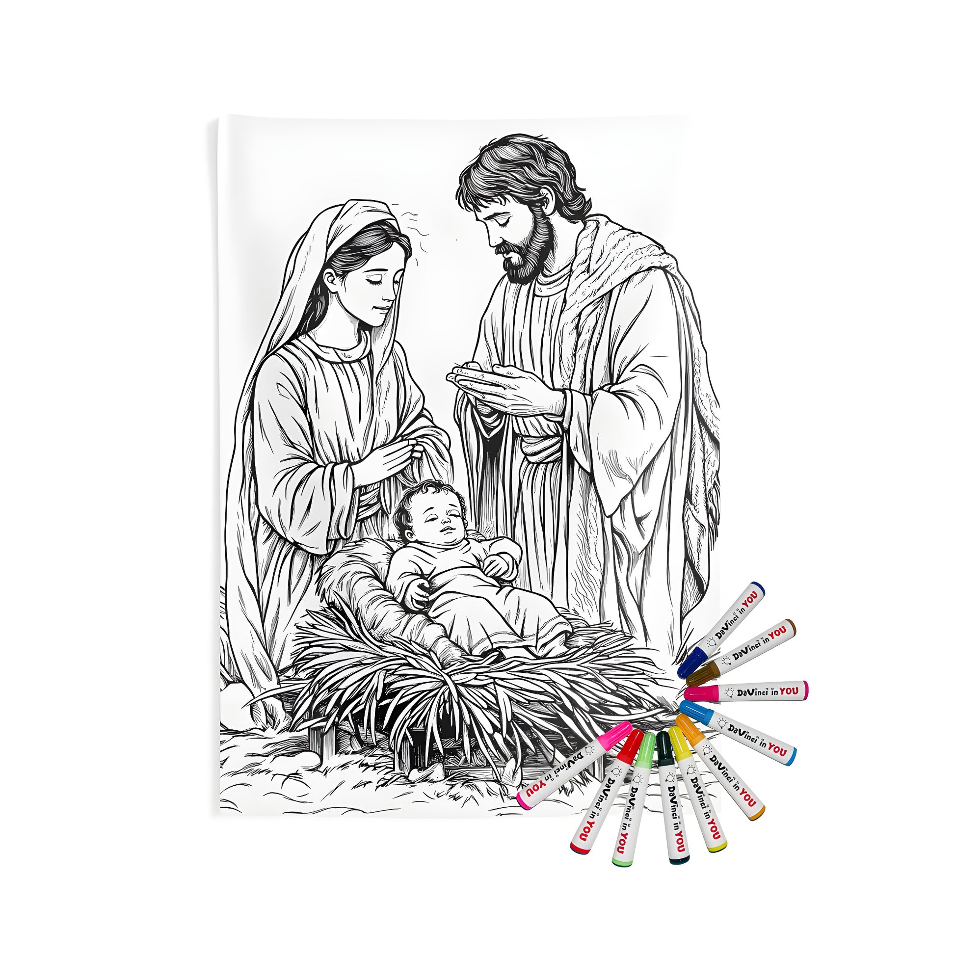 Indoor wall tapestry with nativity scene design featuring Mary and Joseph adoring baby Jesus in a manger. Unique religious home decor for bedroom or living room.