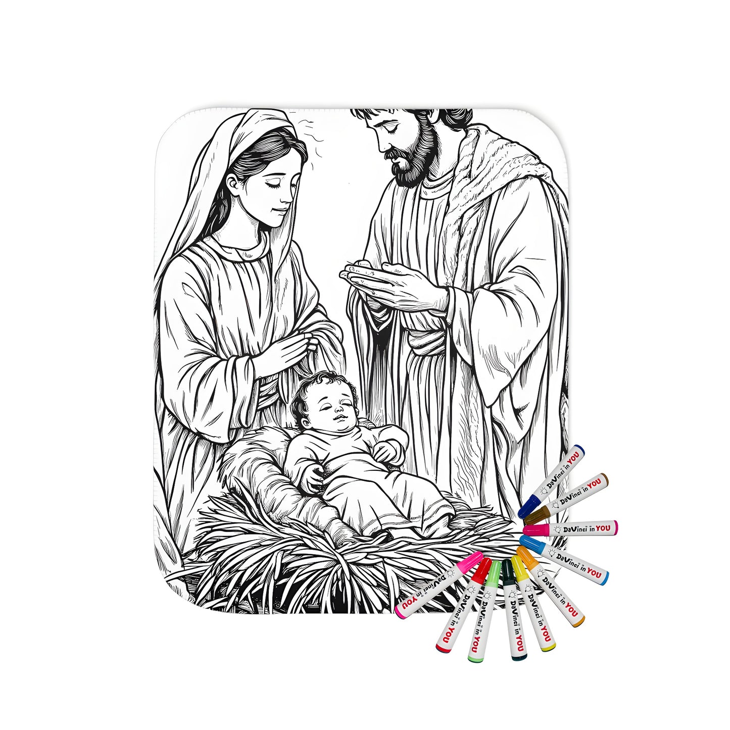 Blanket depicting a serene nativity scene with Mary and Joseph adoring baby Jesus, surrounded by a peaceful and religious atmosphere.