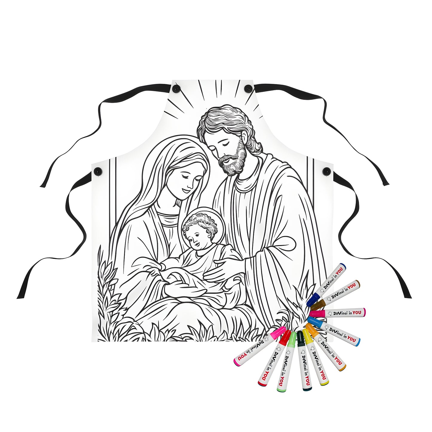 Coloring apron for adults with Holy Family scene, Joseph, Mary and baby Jesus design