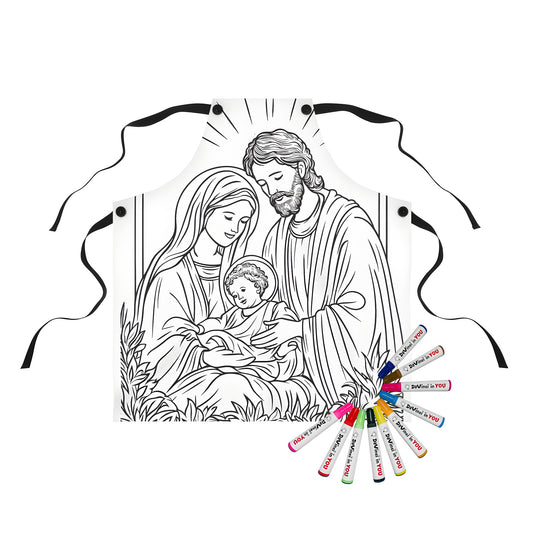 Coloring apron for adults with Holy Family scene, Joseph, Mary and baby Jesus design