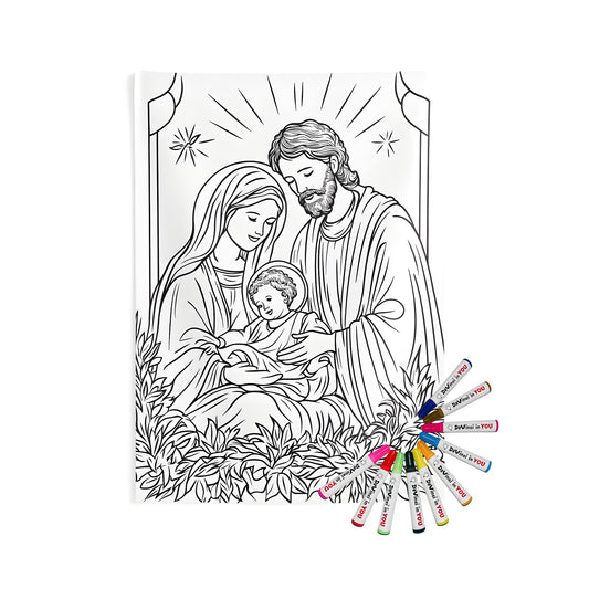 A beautiful indoor wall tapestry featuring a coloring page design of the Holy Family, also known as Jesus' family, Joseph's family, or Mary and Jesus' family, including Joseph, Mary, and baby Jesus in a serene and peaceful style.