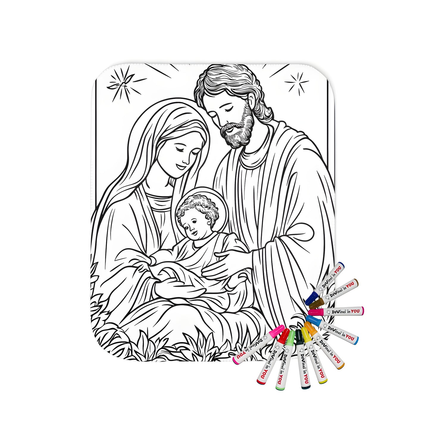 Coloring blanket with a serene Holy Family scene featuring Joseph, Mary, and baby Jesus surrounded by decorative leaves