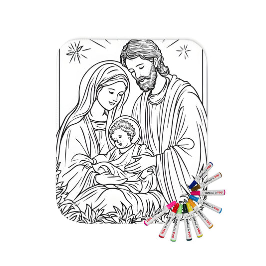 Coloring blanket with a serene Holy Family scene featuring Joseph, Mary, and baby Jesus surrounded by decorative leaves