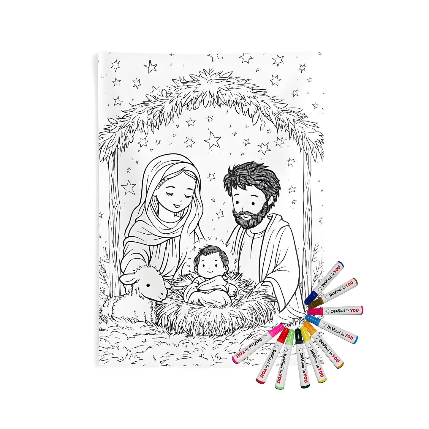 Peaceful nativity scene wall tapestry with Mary, Joseph, and baby Jesus under a starry sky