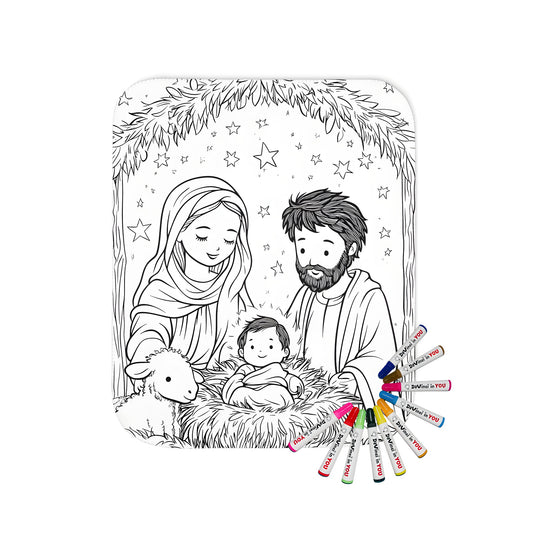 Peaceful Nativity scene blanket with Mary, Joseph, baby Jesus, and sheep