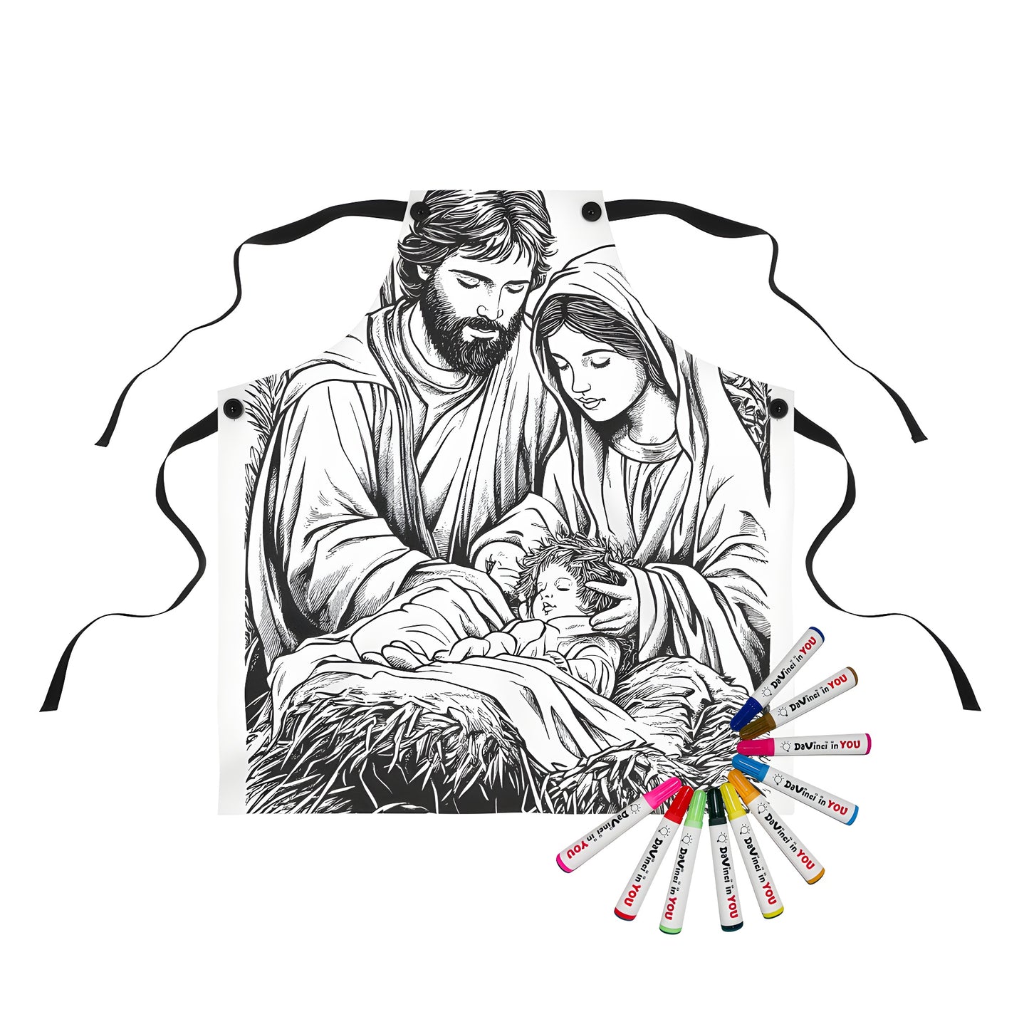 Detailed illustration of Mary, Joseph, and baby Jesus surrounded by hay on an apron with coloring markers