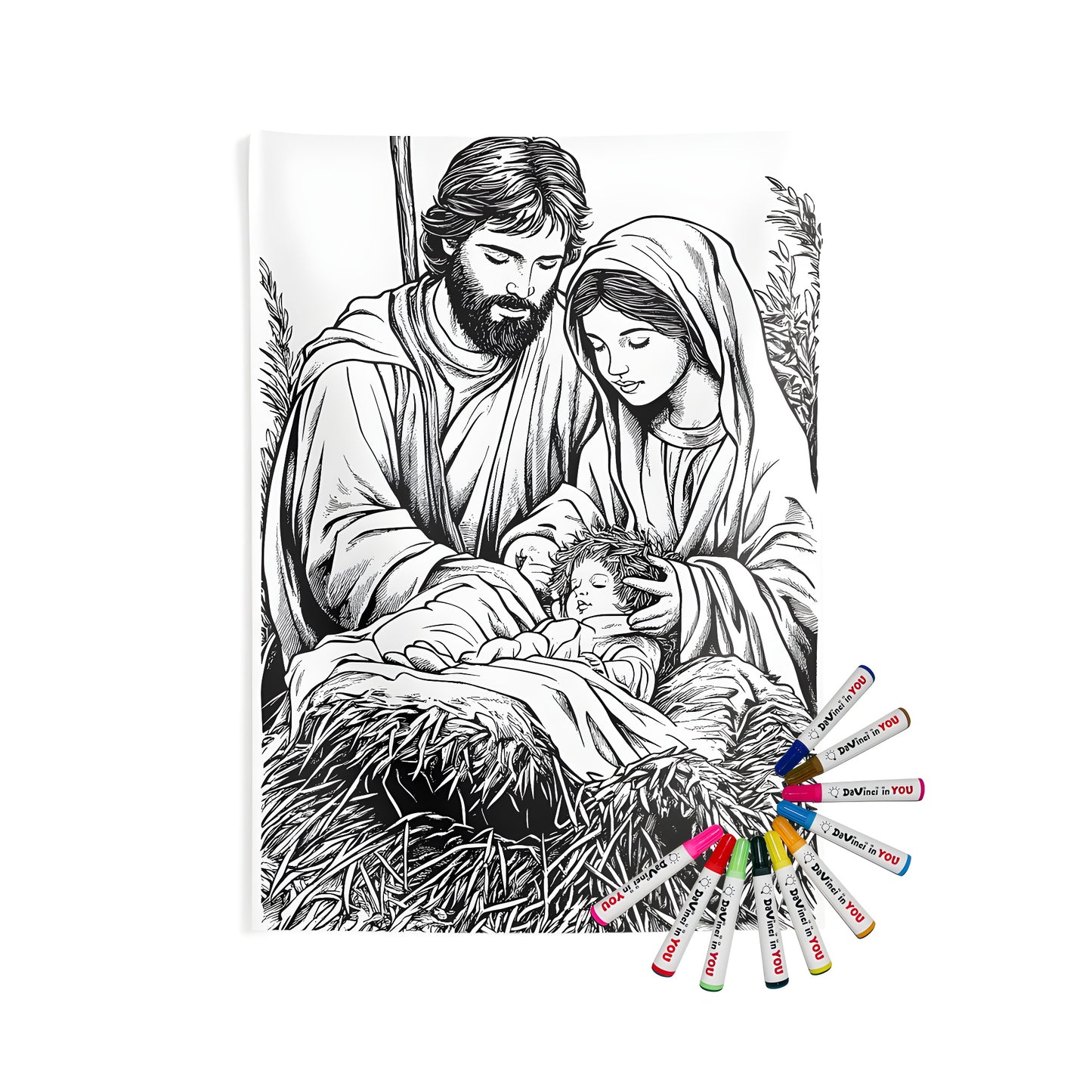 Indoor wall tapestries coloring kit with fabric markers. Colorful nativity scene artwork featuring Mary, Joseph, and baby Jesus surrounded by hay.