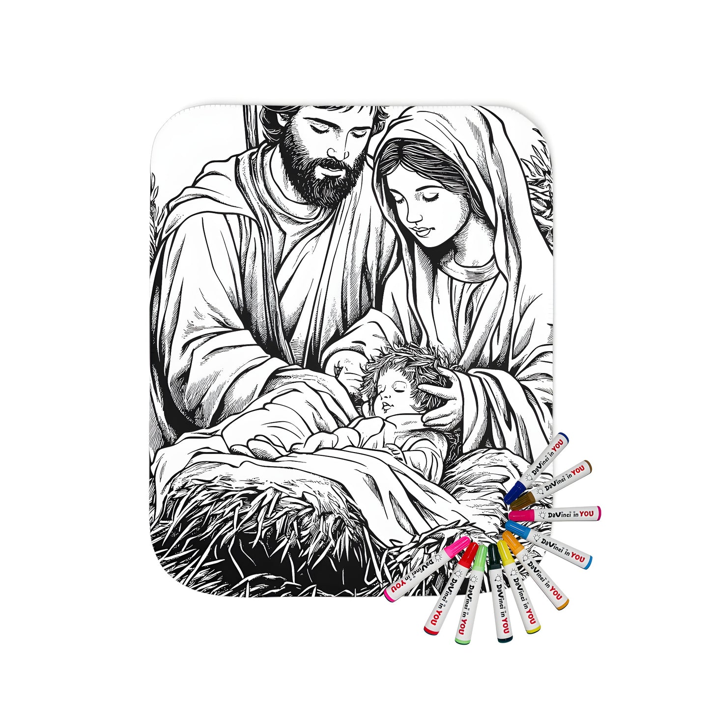 Cozy blanket with detailed illustration of nativity scene, featuring Mary, Joseph, and baby Jesus surrounded by hay