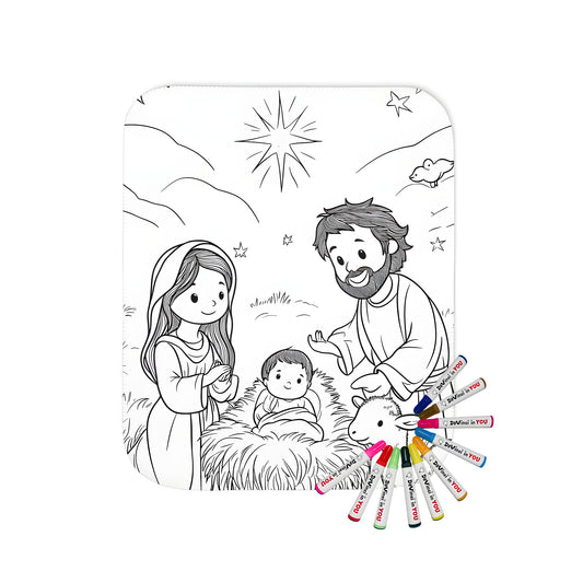 Cozy blanket with vibrant nativity scene art, featuring Mary, Joseph, baby Jesus, and a gentle lamb under a starry night sky.