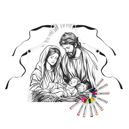 Coloring apron featuring a vintage illustration of Mary, Joseph, and Baby Jesus