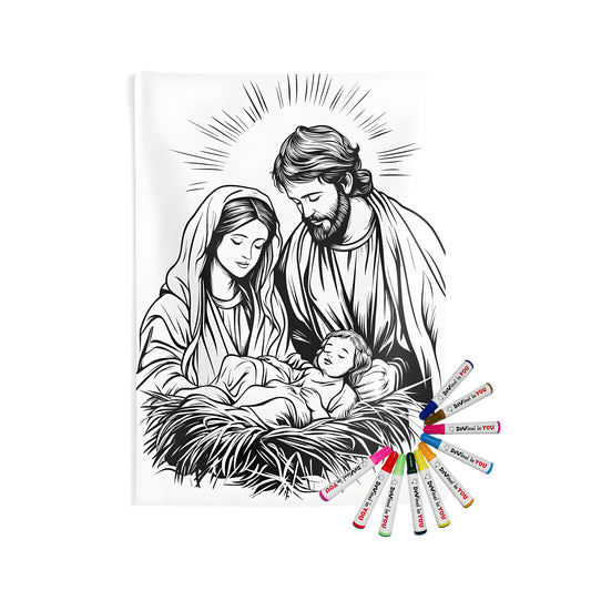 Coloring kit for indoor wall tapestries featuring a black-and-white illustration of Jesus' family including Mary and Joseph