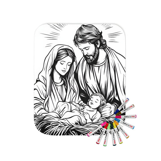 Coloring kit blanket with Holy Family design, 10 fabric markers included