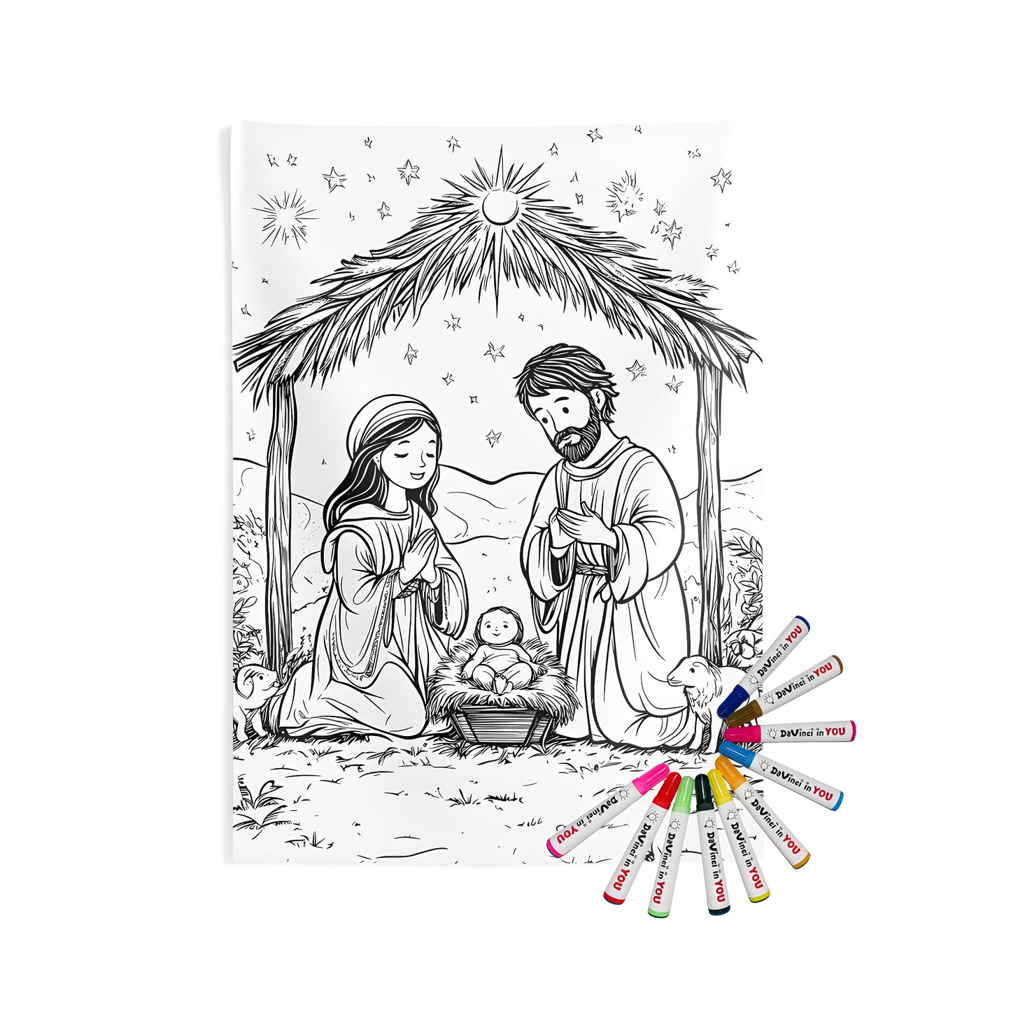 Indoor wall tapestry with nativity scene design, featuring Mary and Joseph with baby Jesus under a stable