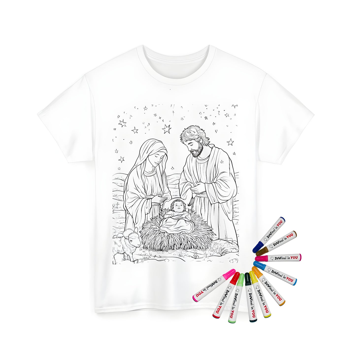 Unisex T-shirt with coloring page design of Jesus' birth, Mary, Joseph, and baby Jesus surrounded by stars and a lamb