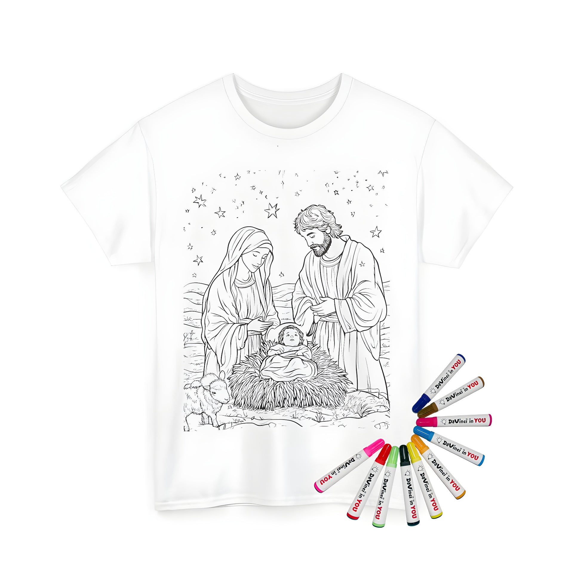 Unisex T-shirt with coloring page design of Jesus' birth, Mary, Joseph, and baby Jesus surrounded by stars and a lamb