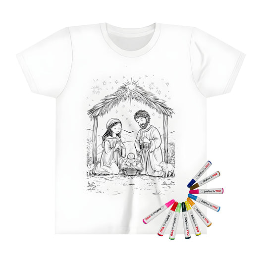 Kid's t-shirt featuring a vibrant nativity scene design with Mary, Joseph, and baby Jesus under a stable, surrounded by animals and stars