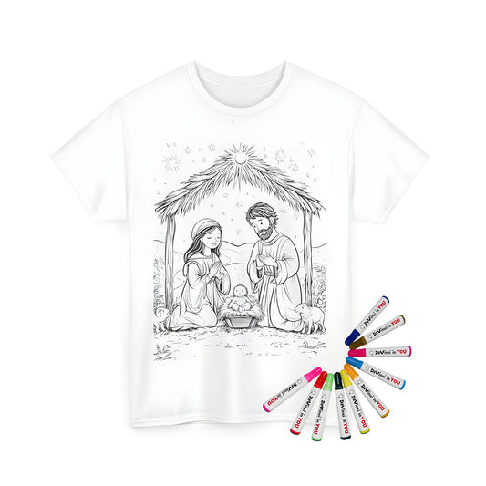 Unisex t-shirt featuring a coloring page design of Mary, Joseph, and baby Jesus under a stable with animals and stars in the night sky