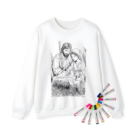 Adult sweatshirt with a detailed black and white illustration of Mary, Joseph, and baby Jesus surrounded by hay, also known as Christmas scene, manger scene, holy family artwork