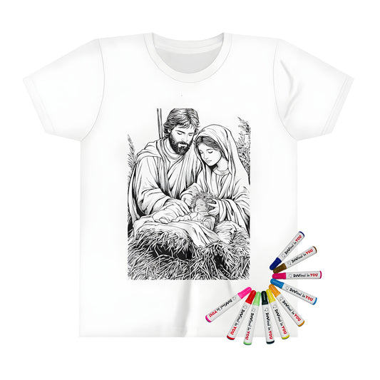 Kid's t-shirt with a colorful nativity scene design featuring Mary, Joseph, and baby Jesus surrounded by hay