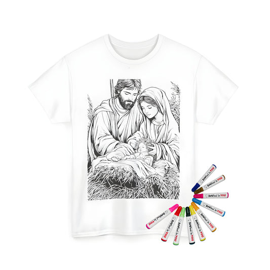 Coloring kit for adults featuring a unisex t-shirt with a detailed illustration of Mary, Joseph, and baby Jesus surrounded by hay