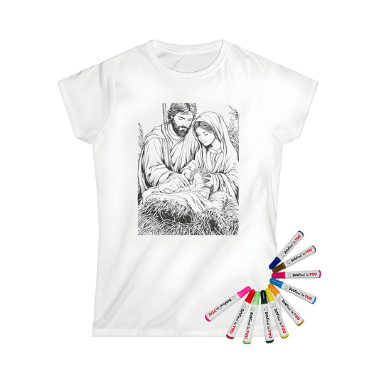 Women's t-shirt with colorful nativity scene design featuring Mary, Joseph, and baby Jesus in vibrant hues