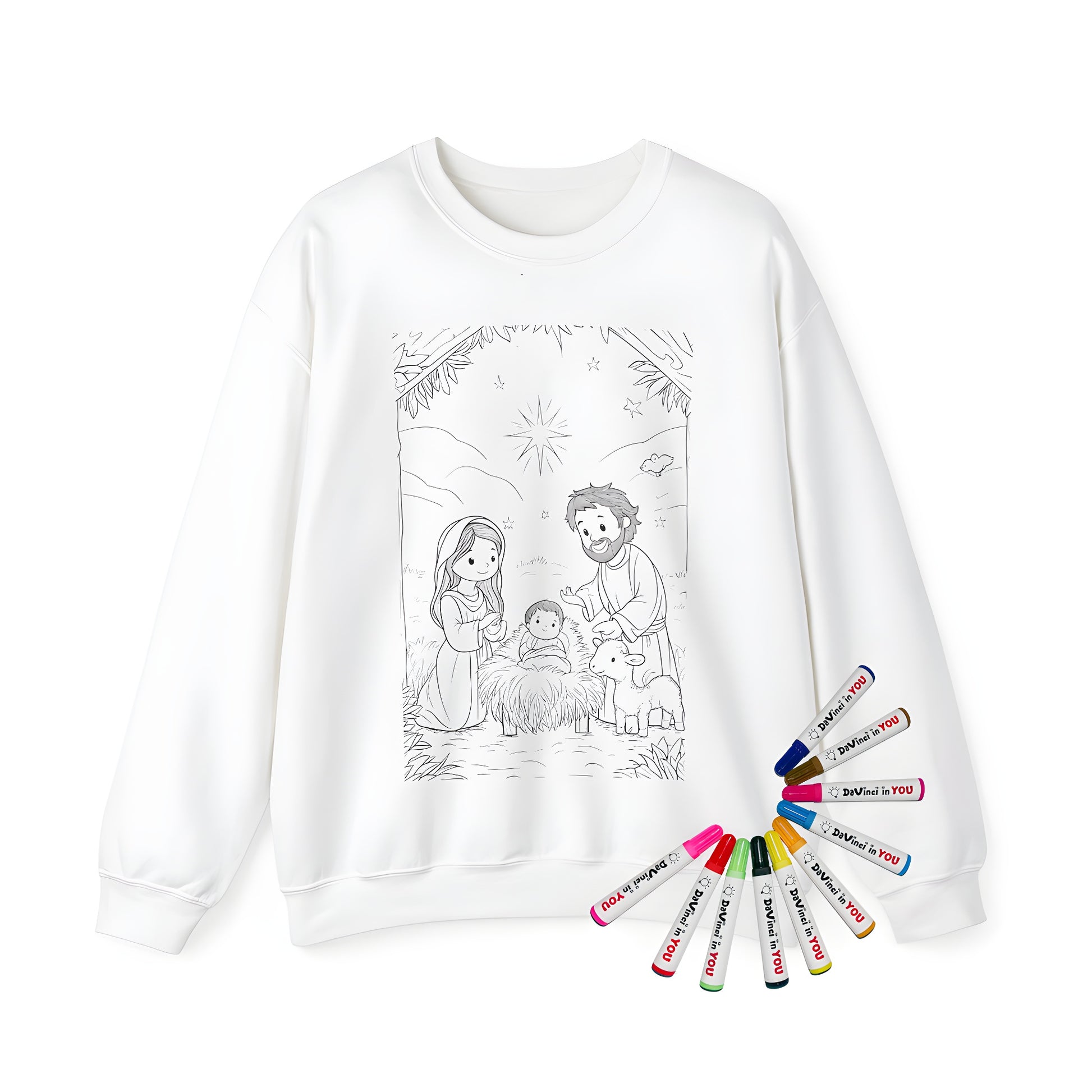 Adult sweatshirt with colorful nativity scene design featuring Mary, Joseph, baby Jesus, and lamb under starry night sky