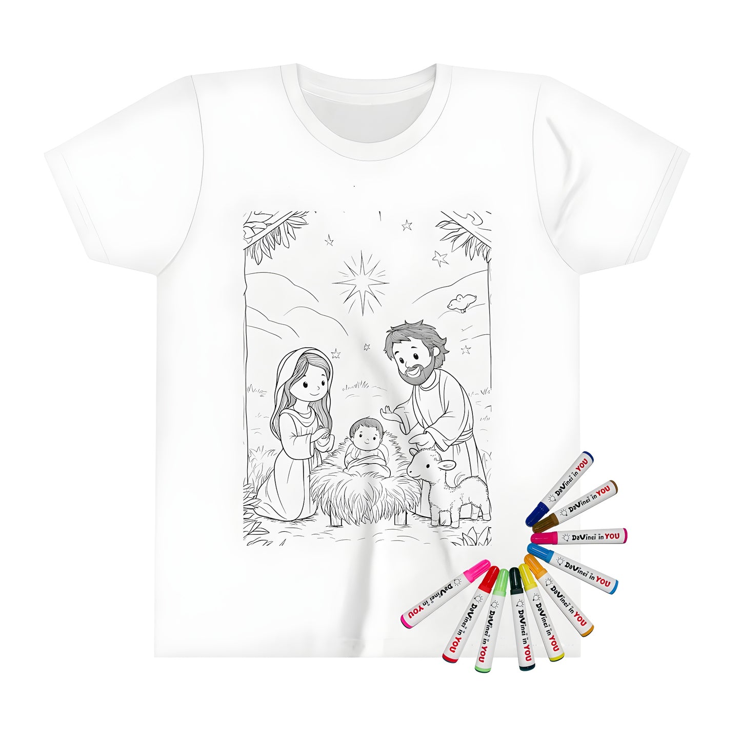 Kid's coloring t-shirt with nativity scene design, featuring Mary, Joseph, baby Jesus, and a lamb in a peaceful winter landscape