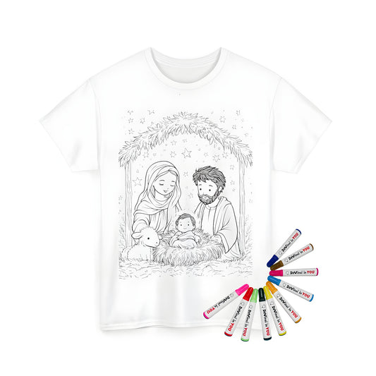 Colouring kit and unisex t-shirt featuring a peaceful scene of Mary, Joseph, baby Jesus, and a sheep under a starry sky.