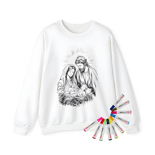 Adult sweatshirt featuring a vintage coloring page style design of Mary, Joseph, and Baby Jesus in a manger, surrounded by a halo effect. Perfect for fans of the Holy Family, Sacred Family, or Holy Trinity.