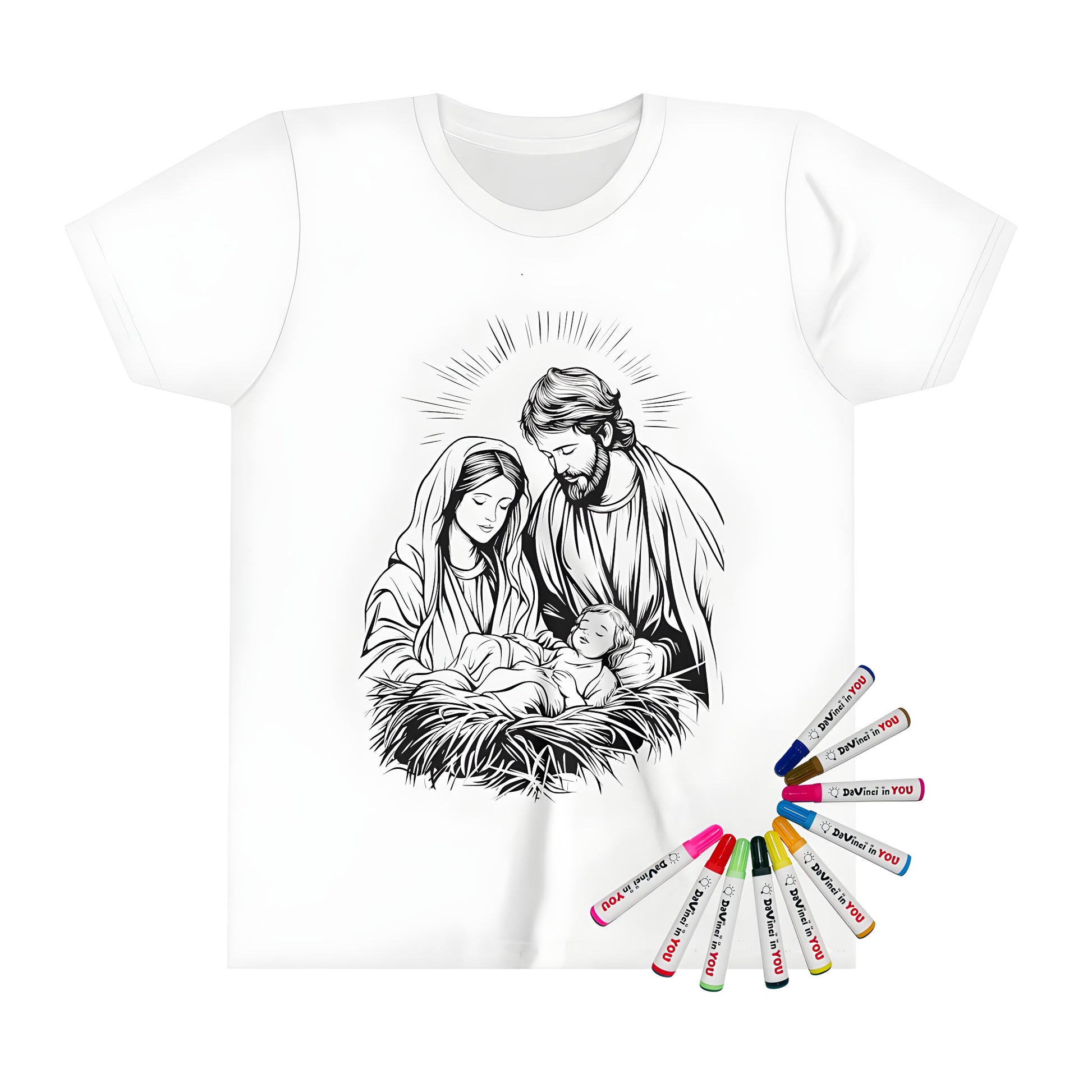 Kid's t-shirt with a black-and-white illustration of the Virgin Mary, Saint Joseph, and Baby Jesus in a manger, surrounded by a halo effect