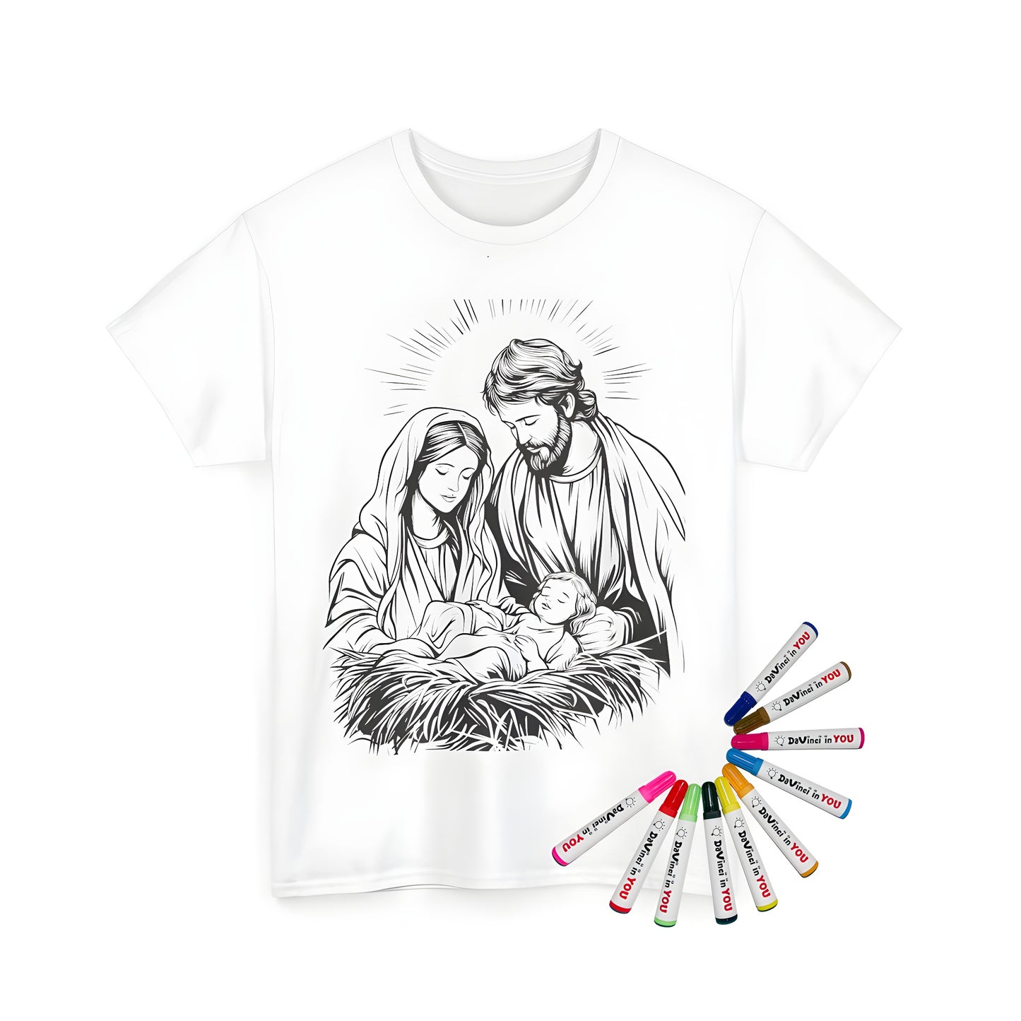 Coloring kit t-shirt featuring Mary Joseph and Baby Jesus