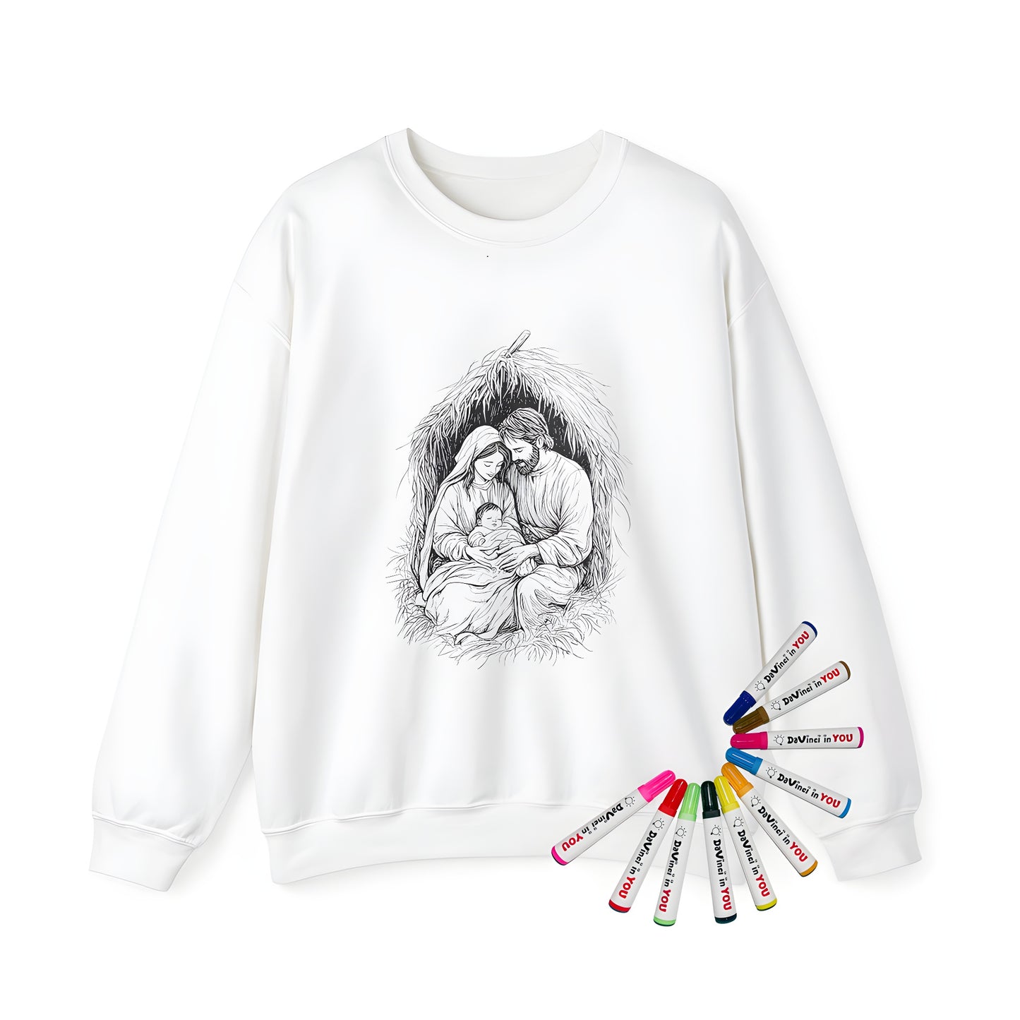 Adult sweatshirt featuring a serene illustration of the Holy Family, Mary, Joseph, and baby Jesus in a nativity scene