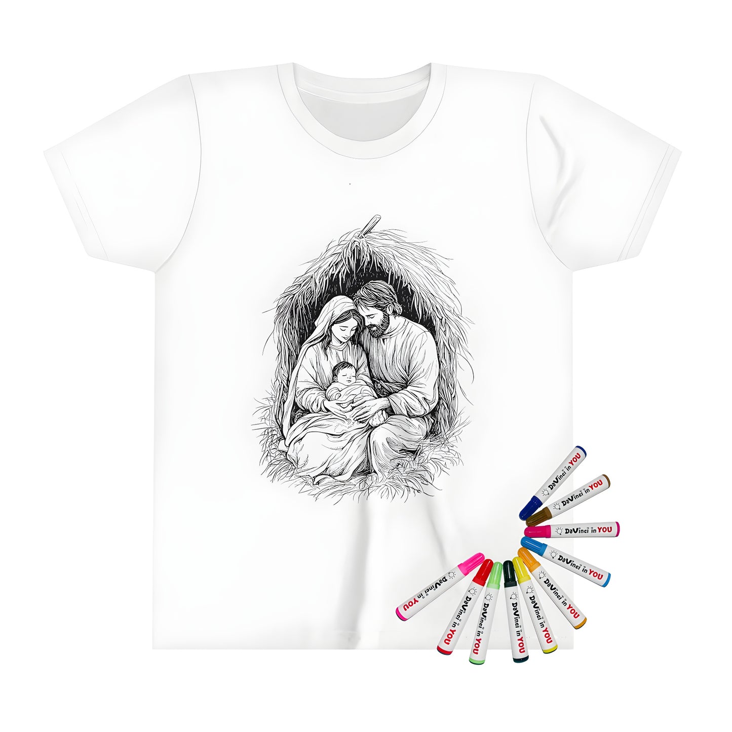 Kid's Holy Family t-shirt for boys featuring a colorful nativity scene design with Mary, Joseph, and baby Jesus