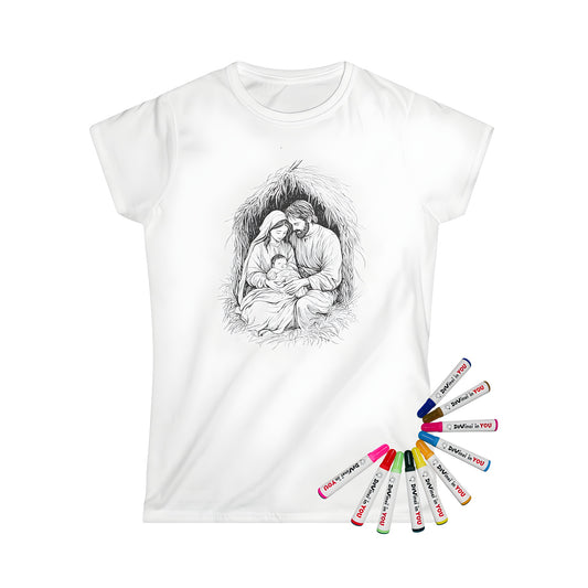 Women's t-shirt featuring a serene illustration of Mary, Joseph, and baby Jesus from a beautiful coloring page design