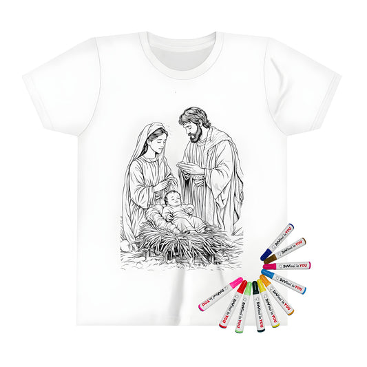 Kid's t-shirt with a colorful nativity scene design featuring Mary and Joseph adoring baby Jesus in a manger