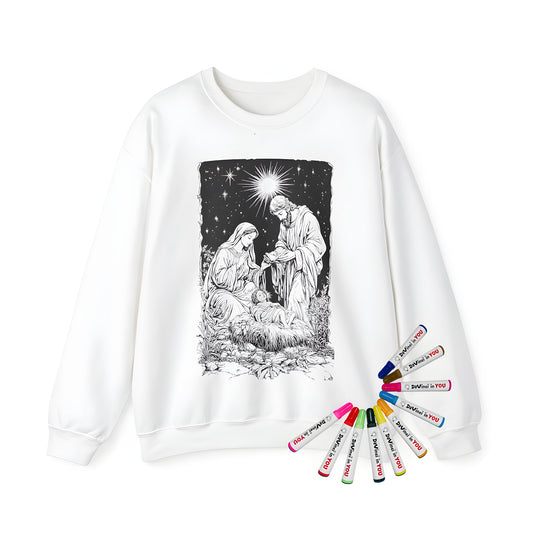 Adult sweatshirt featuring a beautiful nativity scene design with baby Jesus in manger, Mary and Joseph, starry night sky, and bright star overhead