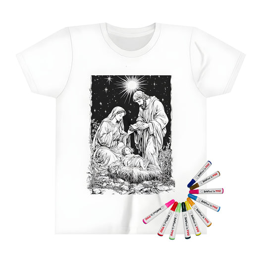 Kid's Christmas T-shirt with cute Nativity Scene design, featuring baby Jesus in manger and parents. Bright starry sky with a shining star