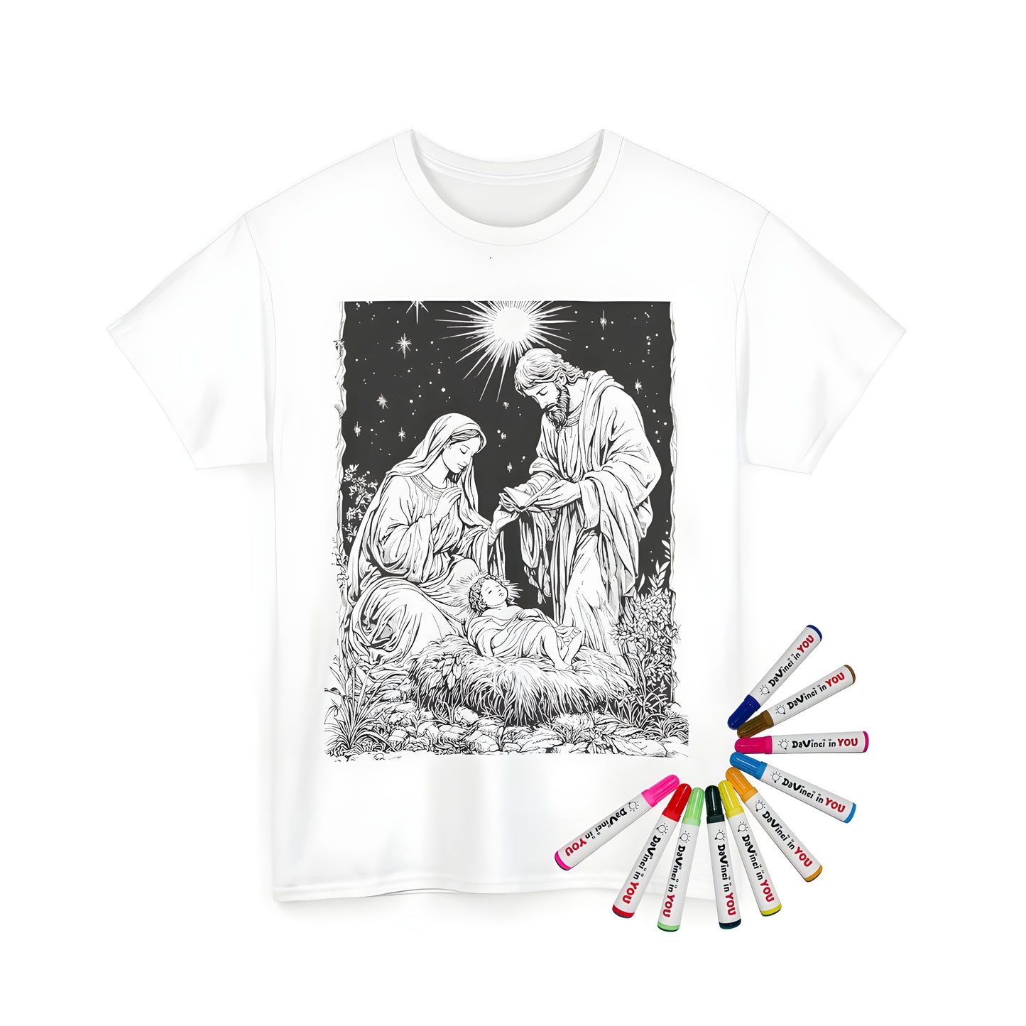 Unisex T-shirt with colorful nativity scene design featuring baby Jesus in manger, Mary and Joseph, starry sky and bright star overhead