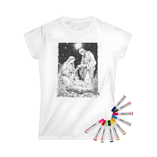 Women's t-shirt featuring a colorful nativity scene design with baby Jesus in manger and starry sky