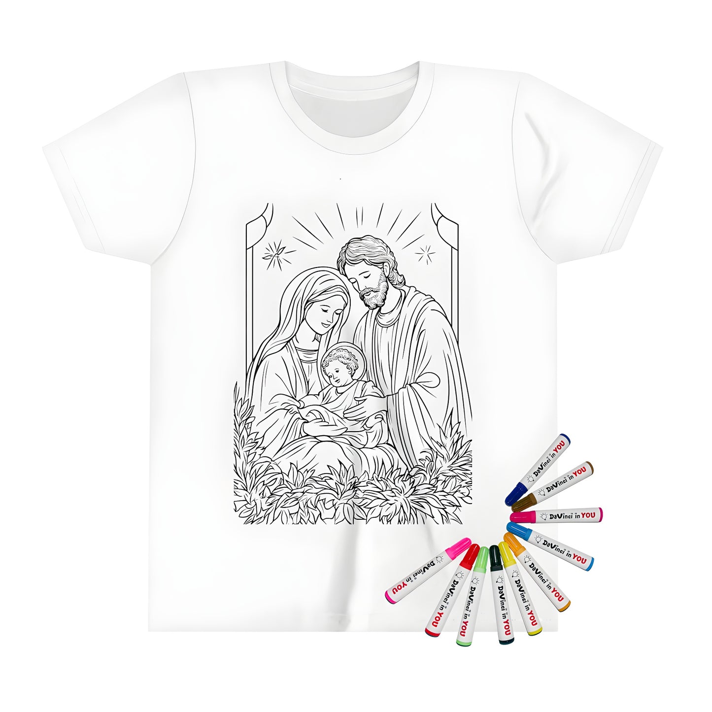 Kid's Holy family t-shirt with Joseph, Mary and baby Jesus, A-line drawing of Jesus with his parents, colorful fabric markers included